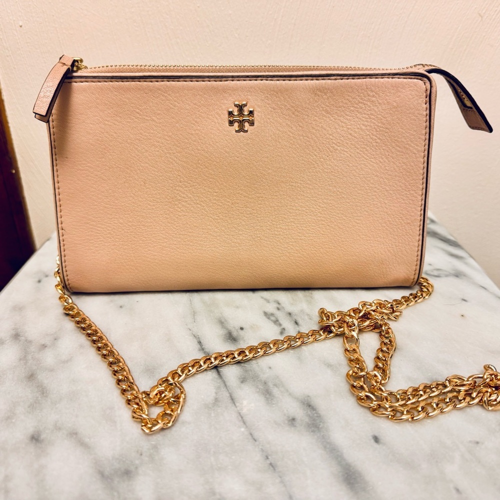 Tory Burch Crossbody Everly Mini Top Zip Gold Details Pink Leather